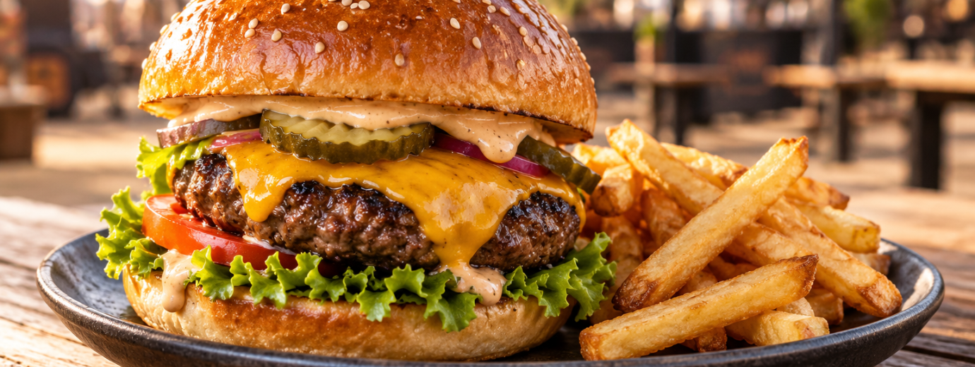 aussschnitt Burger mit Pommes